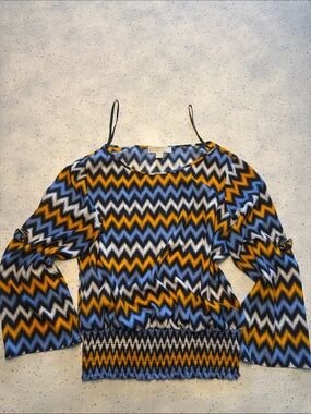 Michael Kors Zigzag Long Sleeve Top in Blue, Black & Mustard